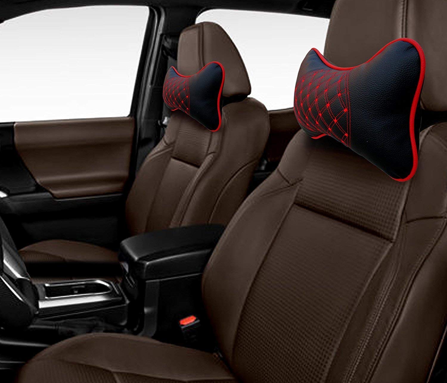 Faux Leather Car Neck Rest Pillow, Pillow Compatible With All Cars - Black, With Red Embroidery | Neck & Head While Driving Pillow For Neck Pain Relief | Light Weight - Pack Of 2