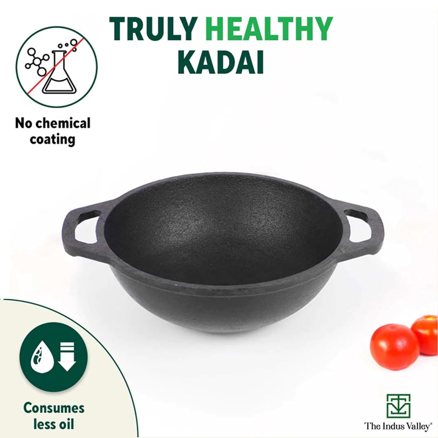 Pre-Seasoned Black Cast Iron Deep Kadai With Flat Handle - Very Small, 20.5cm, 8.1 Inch, 1.4 Liters, 1.8 Kg | Naturally Nonstick Wok Model Kadhai, 100% Pure & Toxin-Free, No Chemical Coating