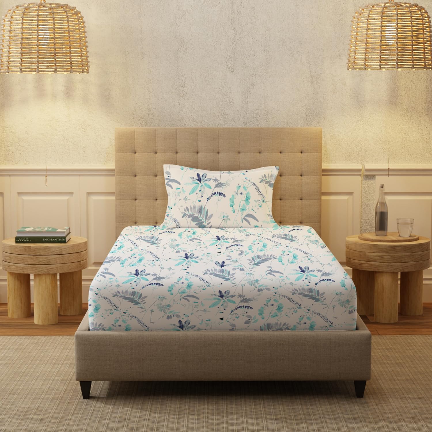 100% Cotton Bedsheet For Single Bed With 1 Pillow Cover, (Size 58 X 90 Inches) White & Sky Blue | Soft And Comfortable For All Season | 200 Thread Count
