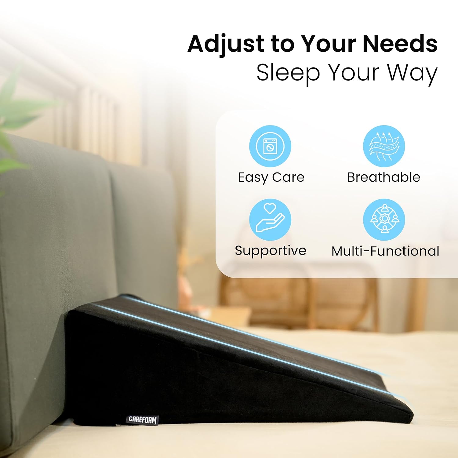 Wedge Pillow Memory Foam For Back Support, Black, Wedge Medium Size - 20 X 20 X 7 Inch | Wedge Cushion Pillow, Acid Reflux, Snoring, Gerd, Leg Elevation, Pregnancy, Washable Cover