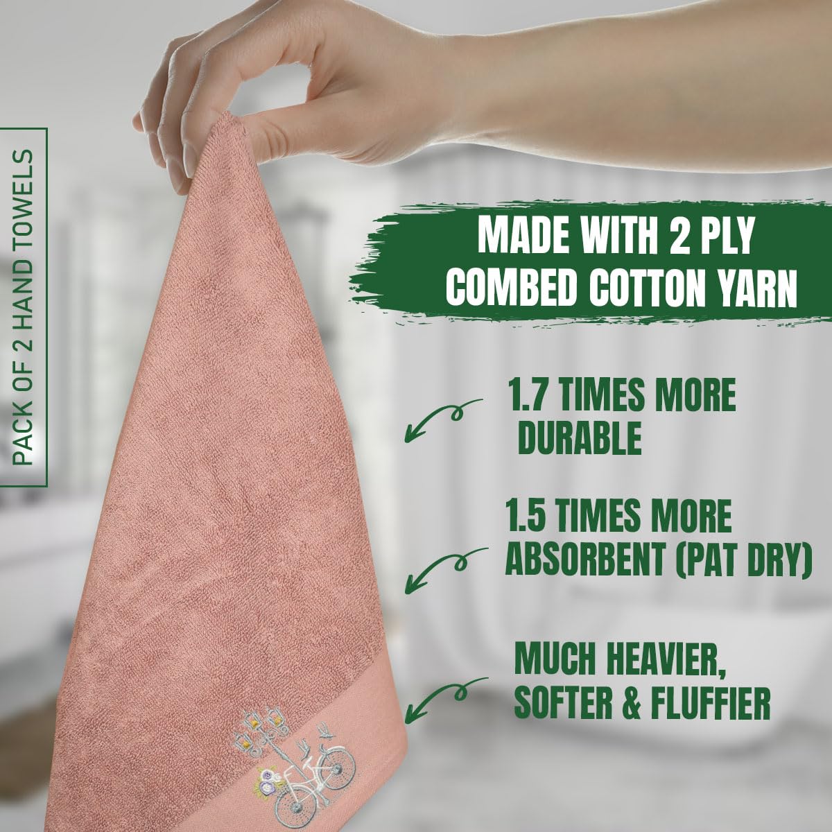 Rangoli 100% Cotton Martin Hand Towels 540 Gsm | Quick Dry, Ultra Soft, Highly Absorbent Printed Hand Towel For Men & Women Luxury & Highly Absorbent Towels - Peach (Set Of 2)