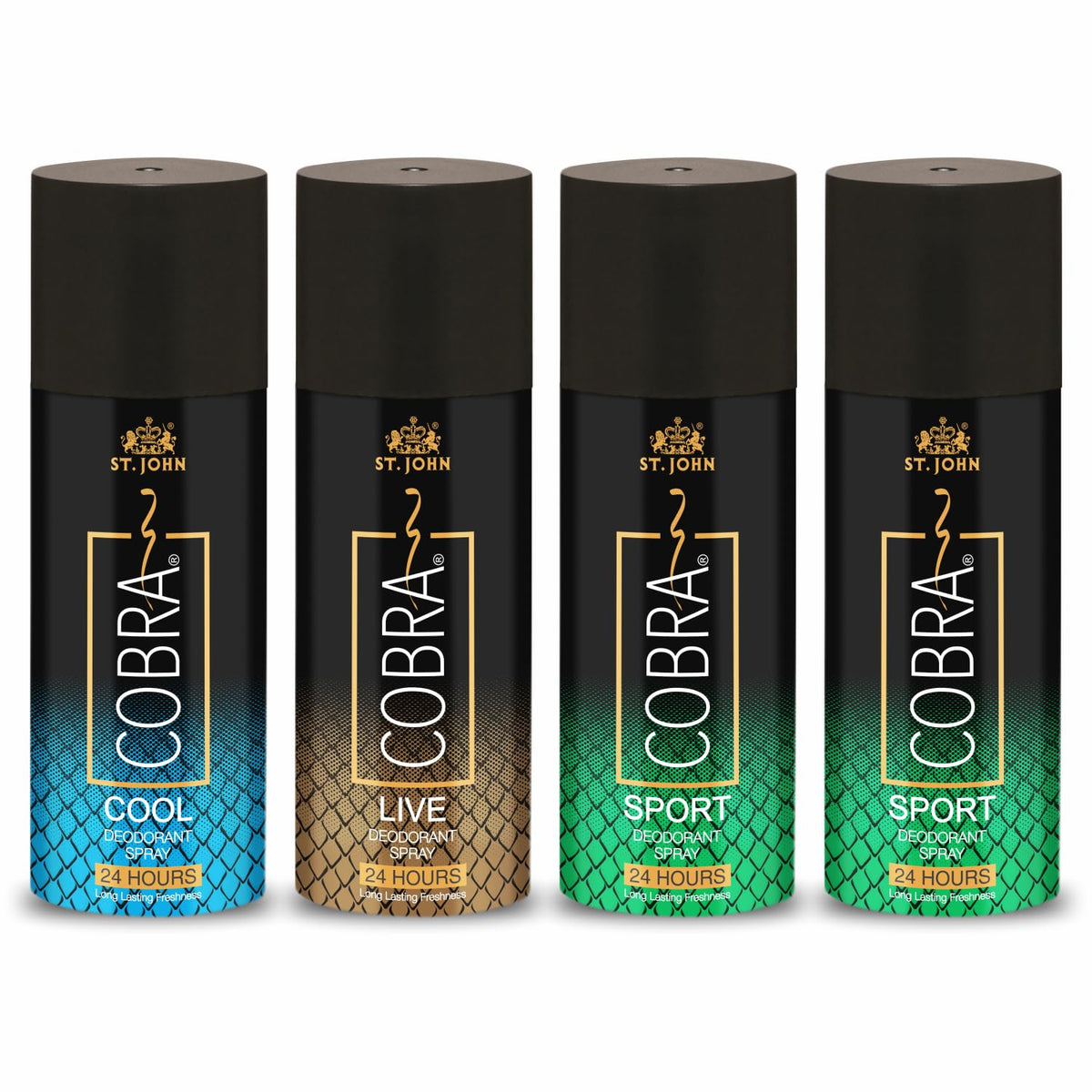 St. John Cobra Live, Cool & 2 Sport Deodorant Unisex Body Spray 600ml 20.2 Fl.oz. Pack Of 4 | Best Gift Set For Someone