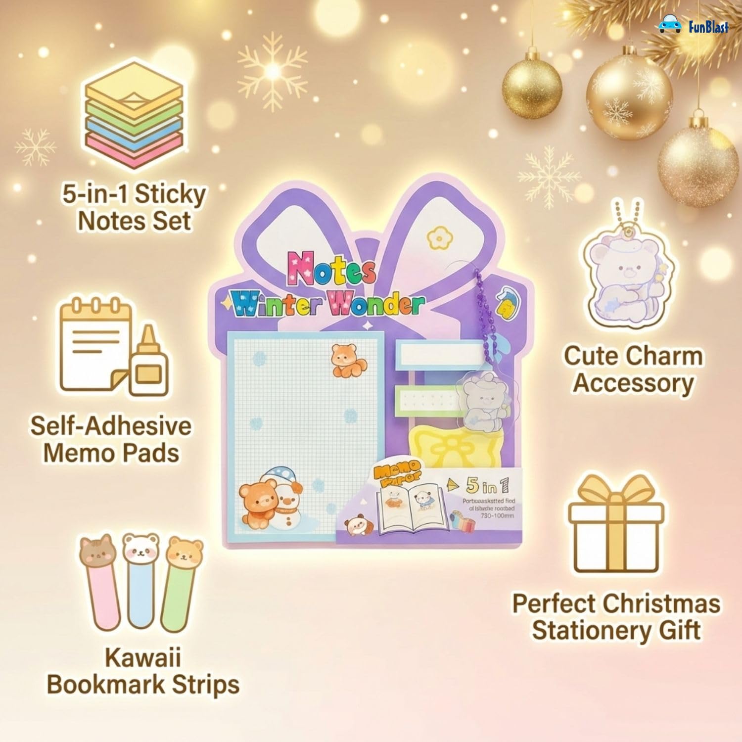 Christmas Sticky Notes - 30 Small Sticky, 30 Medium Sticky | Stationery Gift For Student - Purple
