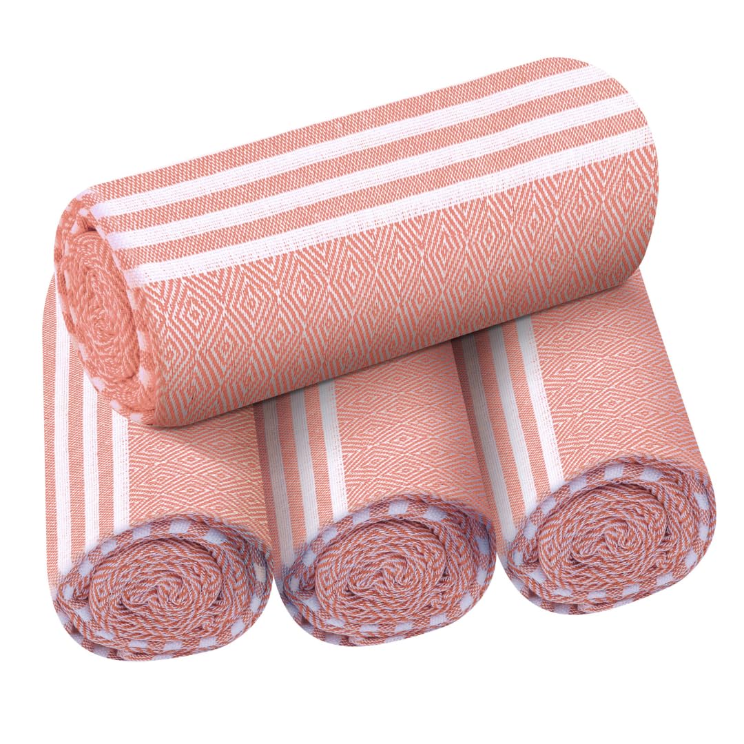 Destin Home Turkish Peshtemal Beach Towels 1.5 Kg | Cotton Soft, Lightweight, Quick-Drying & Absorbent For Beach Pool Spa Picnic Travel (Peach)- Set Of 4