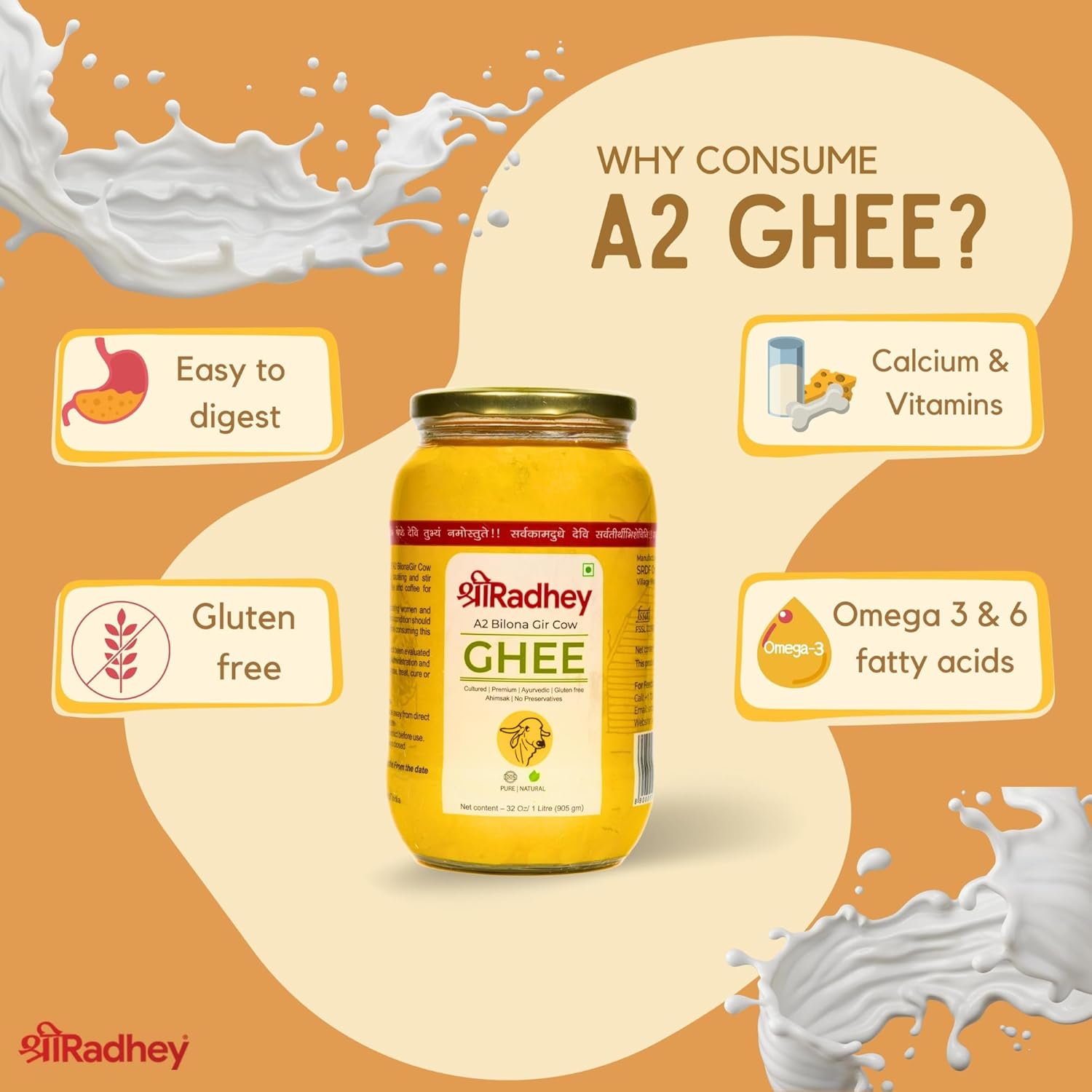 Natural A2 Bilona Gir Cow Ghee By ShreeRadhey | Good Source Of Protein Fiber Healthy Desi Ghee Perfect For Laddus | 2 Litre (1 Litre * 2) 67.6 Ounce | Jar Pack