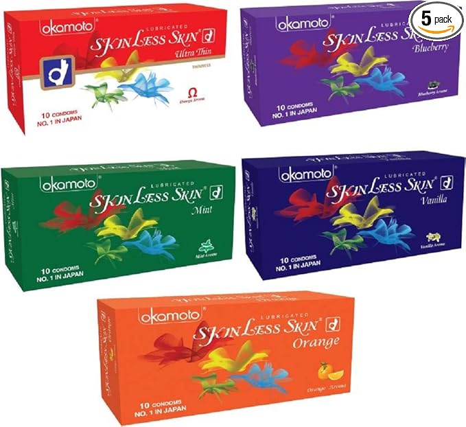 Okamoto Condoms For Men Skinless Skin - Ultra Thin,blueberry,mint,vanilla & Orange (5 X 10s)