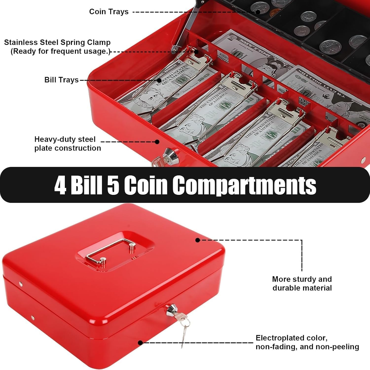 Cash Box With Key Lock, Metal Cash Box With Money Tray, Cash Register,5 Compartments Cantilever Tray & 4 Spring - Clips For Bills,11.81"X 9.45"X 3.54" Colour - Red
