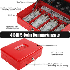 Cash Box With Key Lock, Metal Cash Box With Money Tray, Cash Register,5 Compartments Cantilever Tray & 4 Spring - Clips For Bills,11.81"X 9.45"X 3.54" Colour - Red