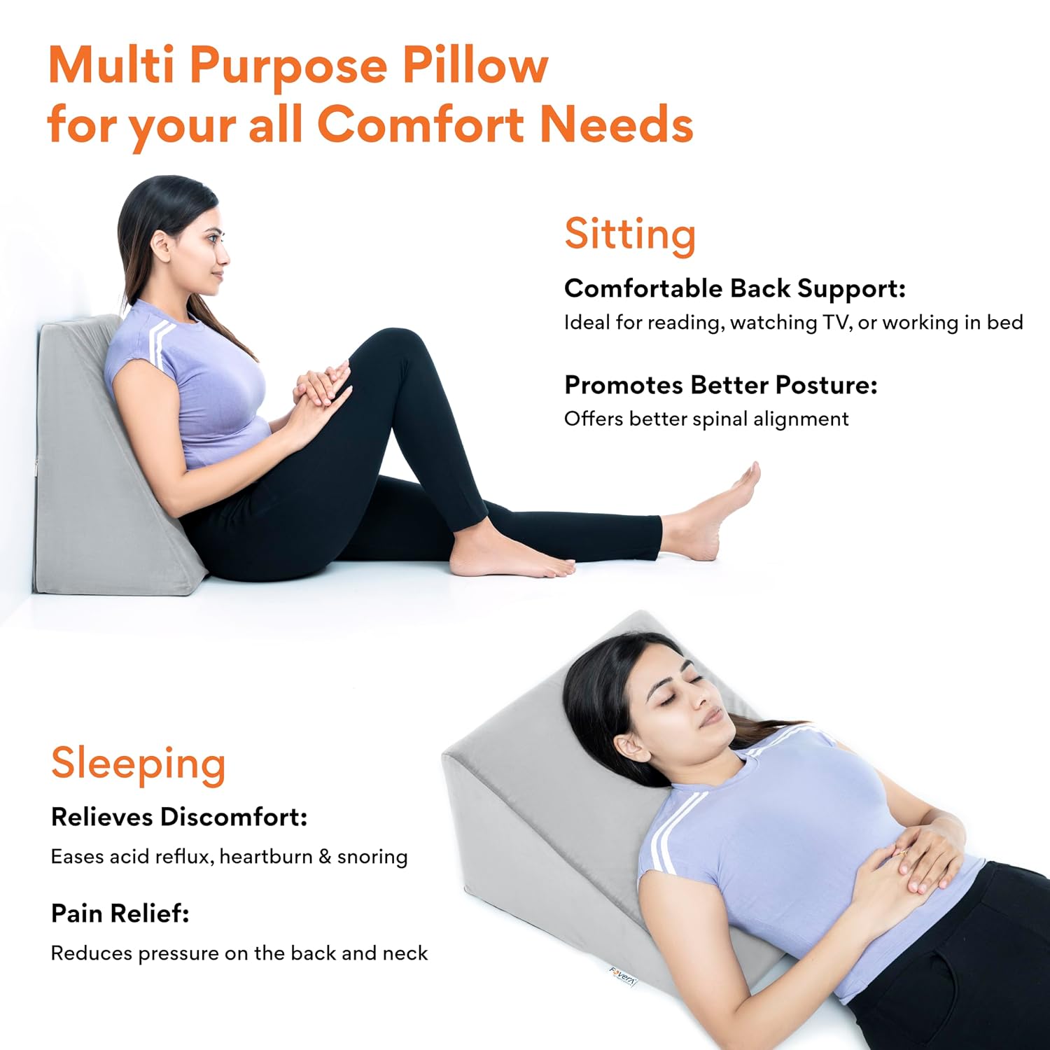 Wedge Pillows, Orthopedic Memory Foam Back Support For Bed, Grey, Medium Size - 18 L X 17.5 W X 11 H Inch | Wedge Cushion, For Acid Reflux, Snoring, Gerd, Leg Elevation, Removable Cover