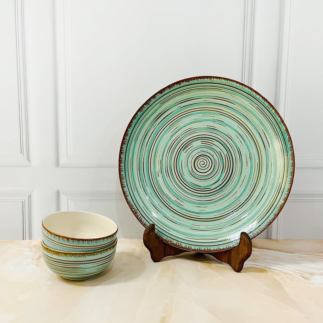 Iris Turquoise Handcrafted Ceramic Dinner Set - 3 Pieces | 1 Dinner Plate + 2 Katori Bowls, 180ml Each Dinnerware Set | Serving For 1, Microwave Safe & Dishwasher Safe