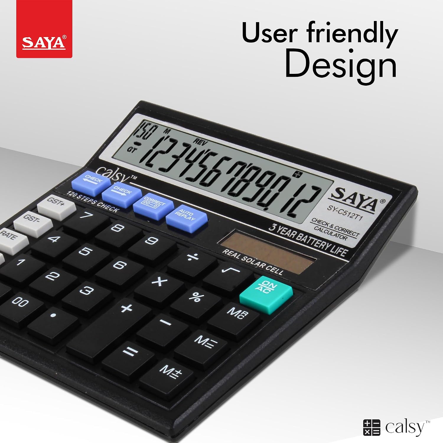 Saya SY-C512T1 Check And Correct Basic Desktop Calculator With 12 Digits Large Display | Ergonomic Design | Dual Power (Solar & Battery) | Ideal For Office & School Use | 1 Year Warranty