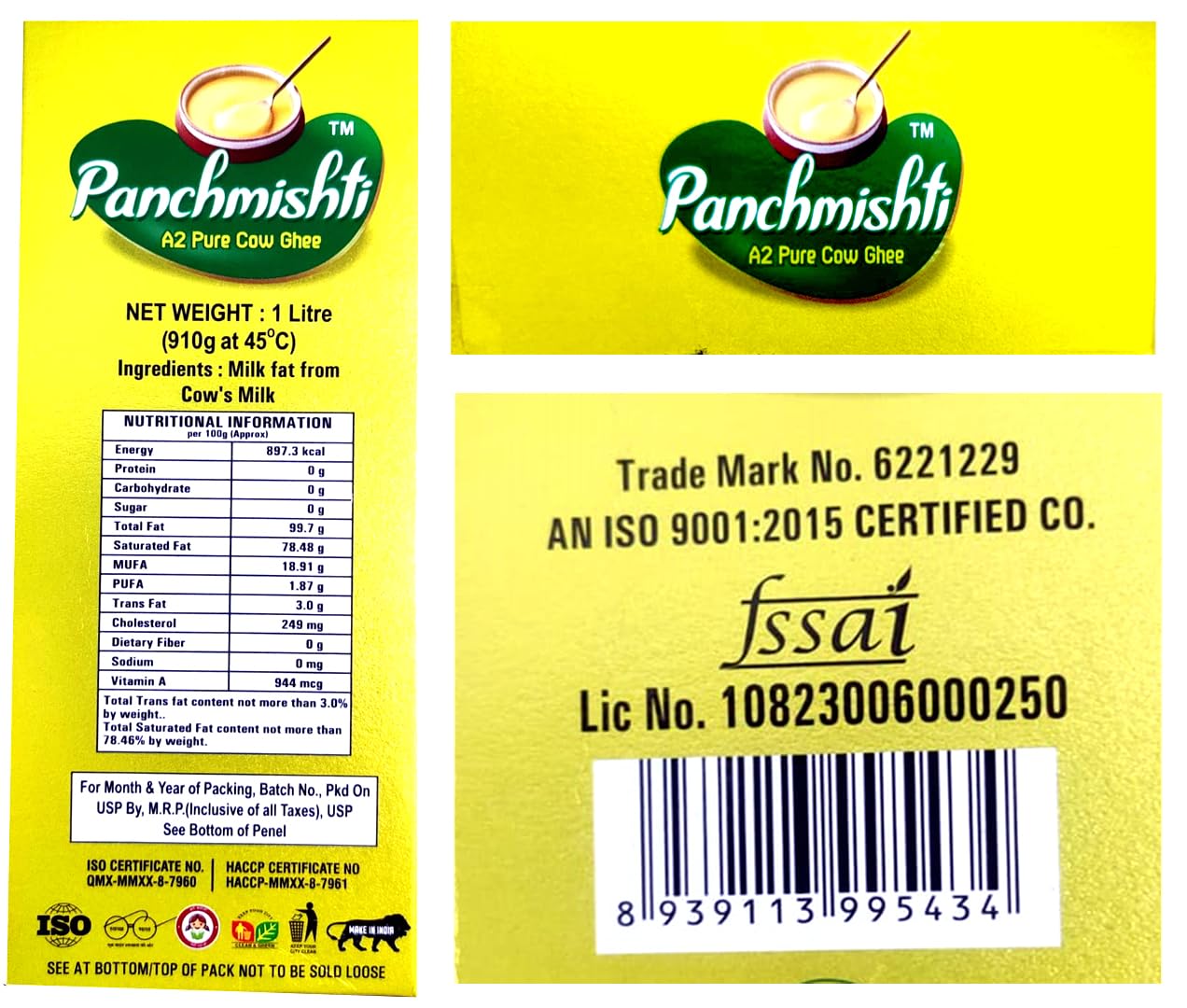 Organic Pure A2 Pure Ghee By Panchmishti | Good Source Of Vitamin A & Healthy Desi Danedar Cow Ghee Perfect For Laddus | (1 Litr) 33.8 Ounce | Box Pack