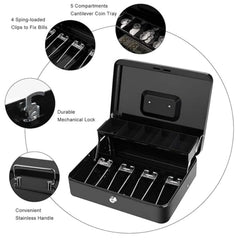 Large Metal Cash Box With Key Lock & Money Tray, 4 Note & 5 Coin Slots, 30 X 24 X 9 Cm, Secure Cash Storage For Home, Office & Business, Colour - Black