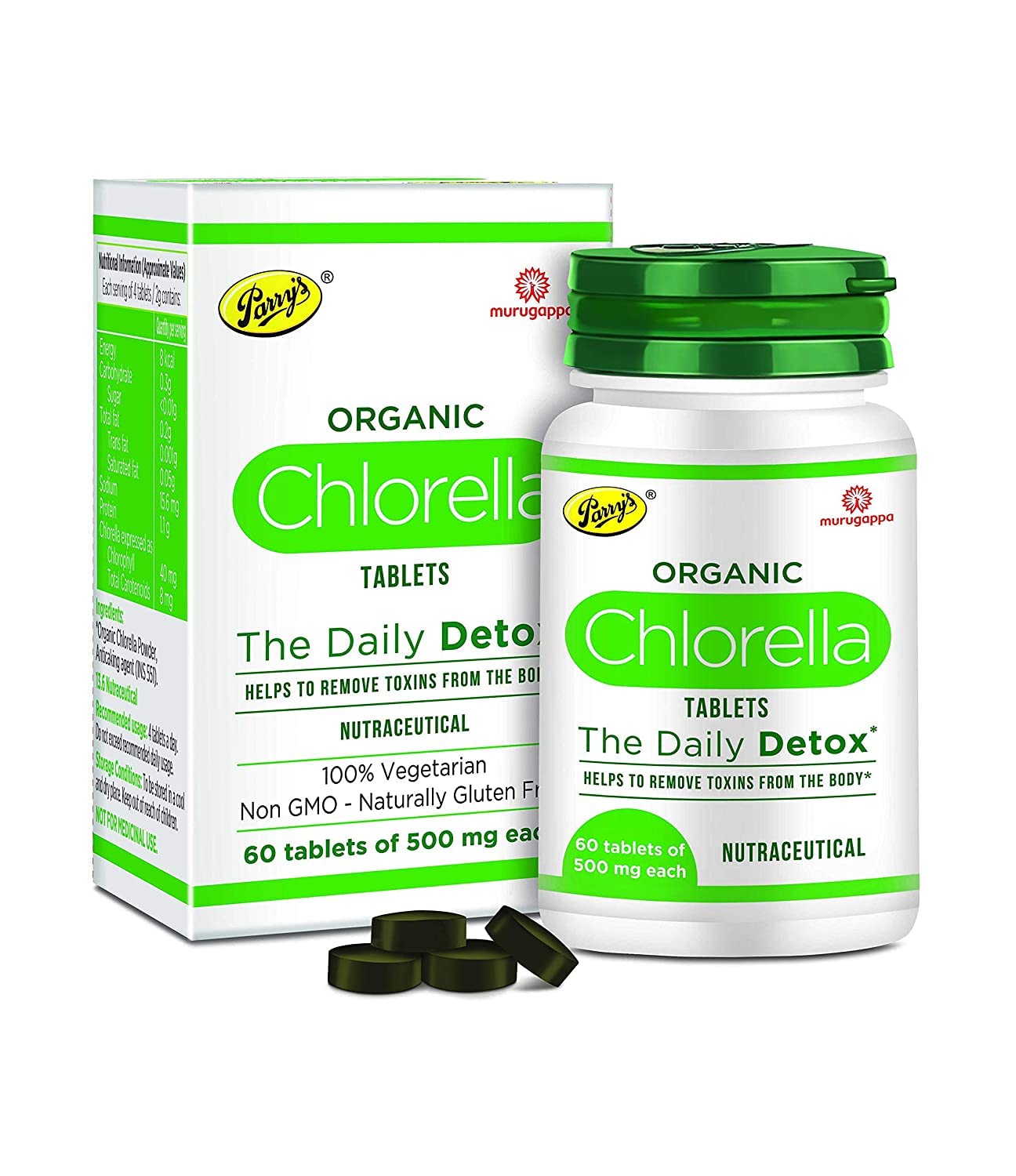 Parry's Wellness Organic Chlorella The Ultimate Detox Superfood Protects Promotes Health, Removes Heavy Metals & Body Toxins, 100% Organic & Safe | 60 Tablets 100gm 0.2lbs