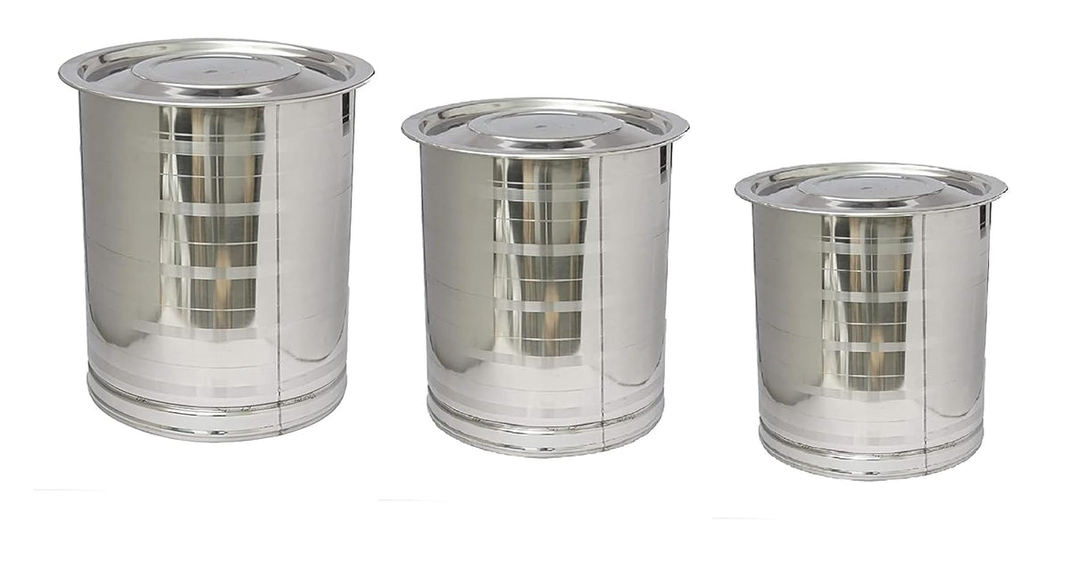 Stainless Steel Atta Tanki Or Container, Box, Drum, Pawali, Tanki With Lid 12 No.+14 No.+16 No. | Silver Stainless Steel Atta Drum - Set Of 3