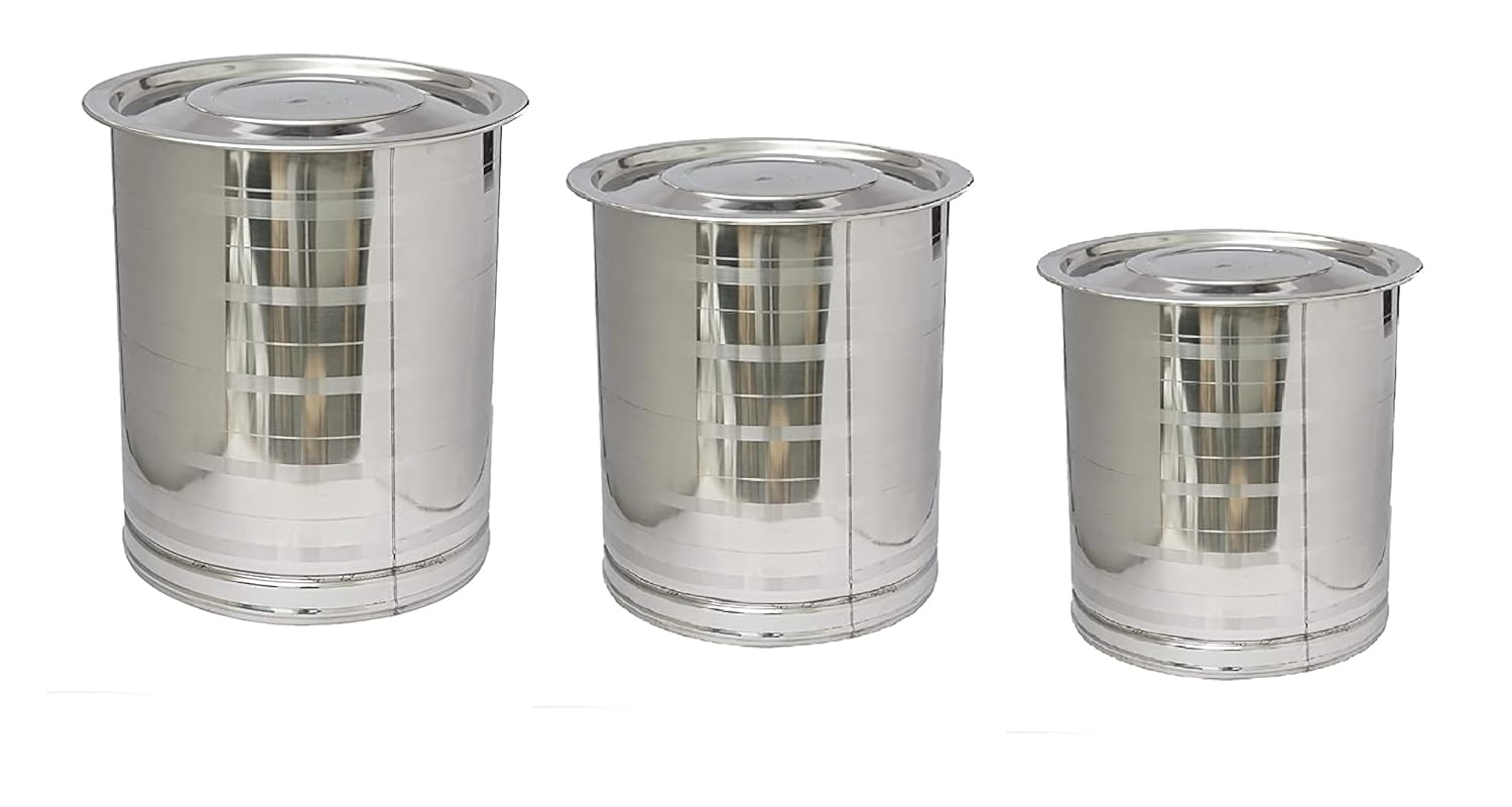 Stainless Steel Atta Tanki Or Container, Box, Drum, Pawali, Tanki With Lid 22 No.+24 No.+26 No. | Silver Stainless Steel Atta Drum - Set Of 3