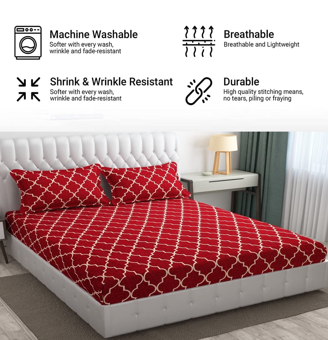 144 TC King Size Bedsheet With 2 Pillow Covers - 90 X 95 Inches | Maroon, Vector Design Bedsheet | Machine Washable & Wrinkle Resistant