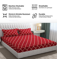 144 TC King Size Bedsheet With 2 Pillow Covers - 90 X 95 Inches | Maroon, Vector Design Bedsheet | Machine Washable & Wrinkle Resistant