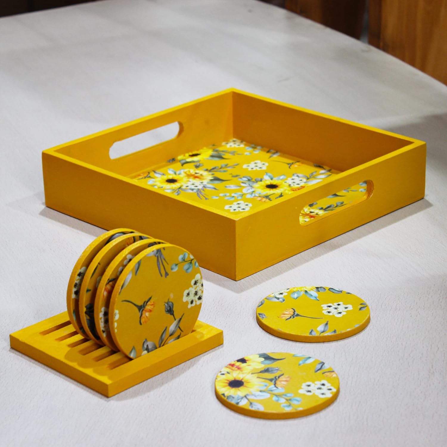 Sunflower Yellow Wooden Tray With Coaster Set For Kitchen, Dining Table | 1 Square Serving Tray, 10 X 10 Inches + 6 Round Coasters, 3.5 Inches