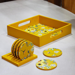 Sunflower Yellow Wooden Tray With Coaster Set For Kitchen, Dining Table | 1 Square Serving Tray, 10 X 10 Inches + 6 Round Coasters, 3.5 Inches