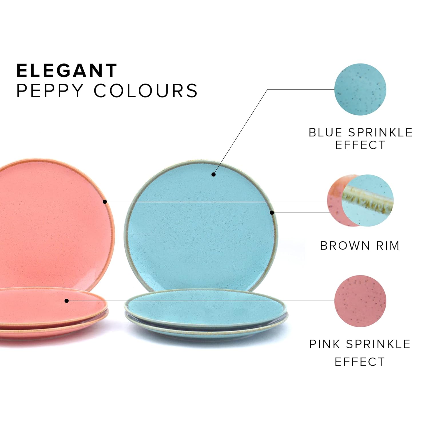Quarter Plates Set Of 6, Pink & Blue Sprinkle Series | Ceramic Snack Plates - Snacks Plates Set | 3 Pink Plates + 3 Blue Plates - Small Plates With Glossy Finish | Microwave Safe & Chip Resistant