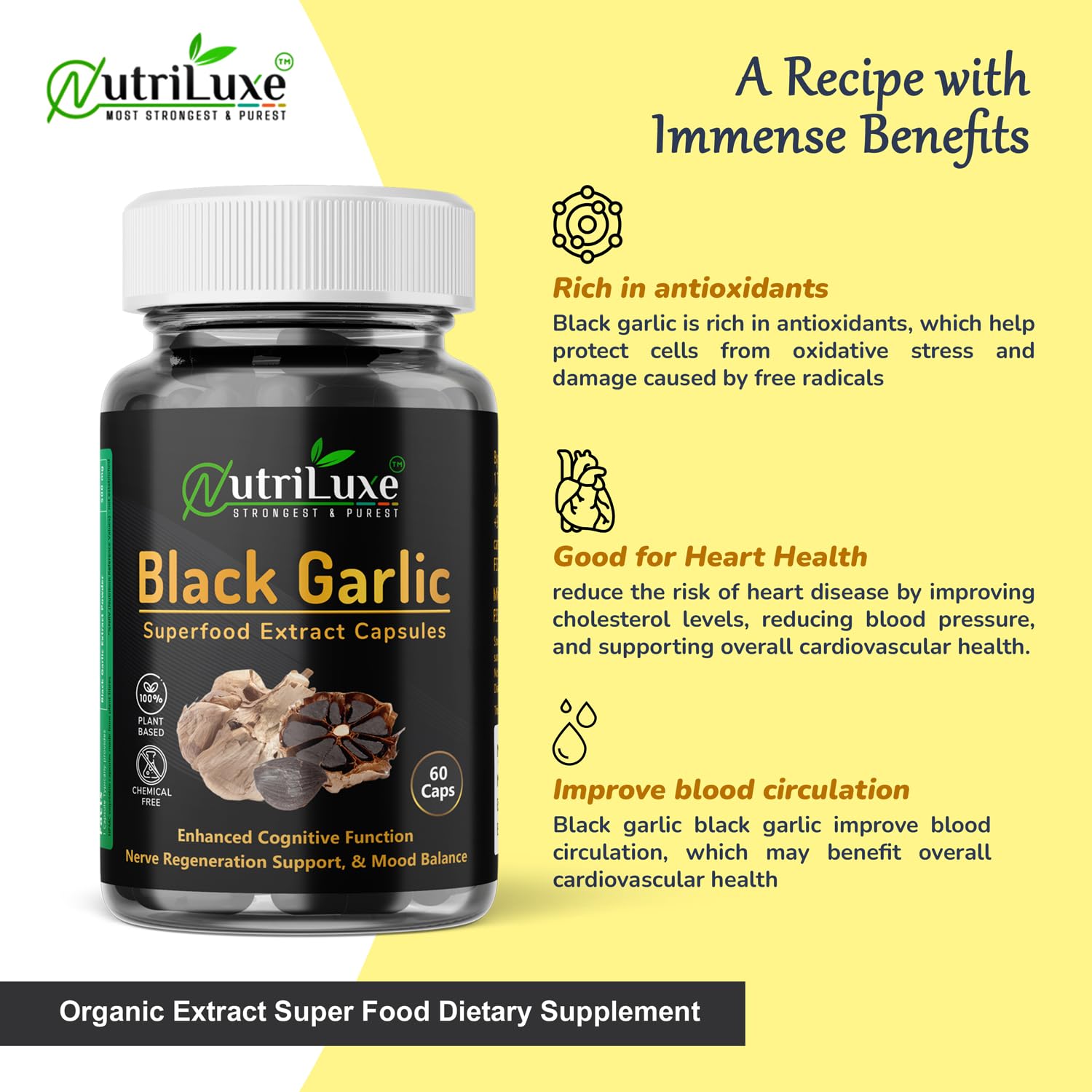 Nutriluxe Black Garlic Extract Capsules 500mg 100% Natural Good For Digestion, Improves Heart Health, Regulates Sugar Levels | 60 Capsules 100gm 0.2lbs