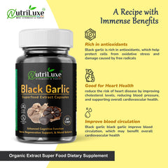 Nutriluxe Black Garlic Extract Capsules 500mg 100% Natural Good For Digestion, Improves Heart Health, Regulates Sugar Levels | 60 Capsules 100gm 0.2lbs