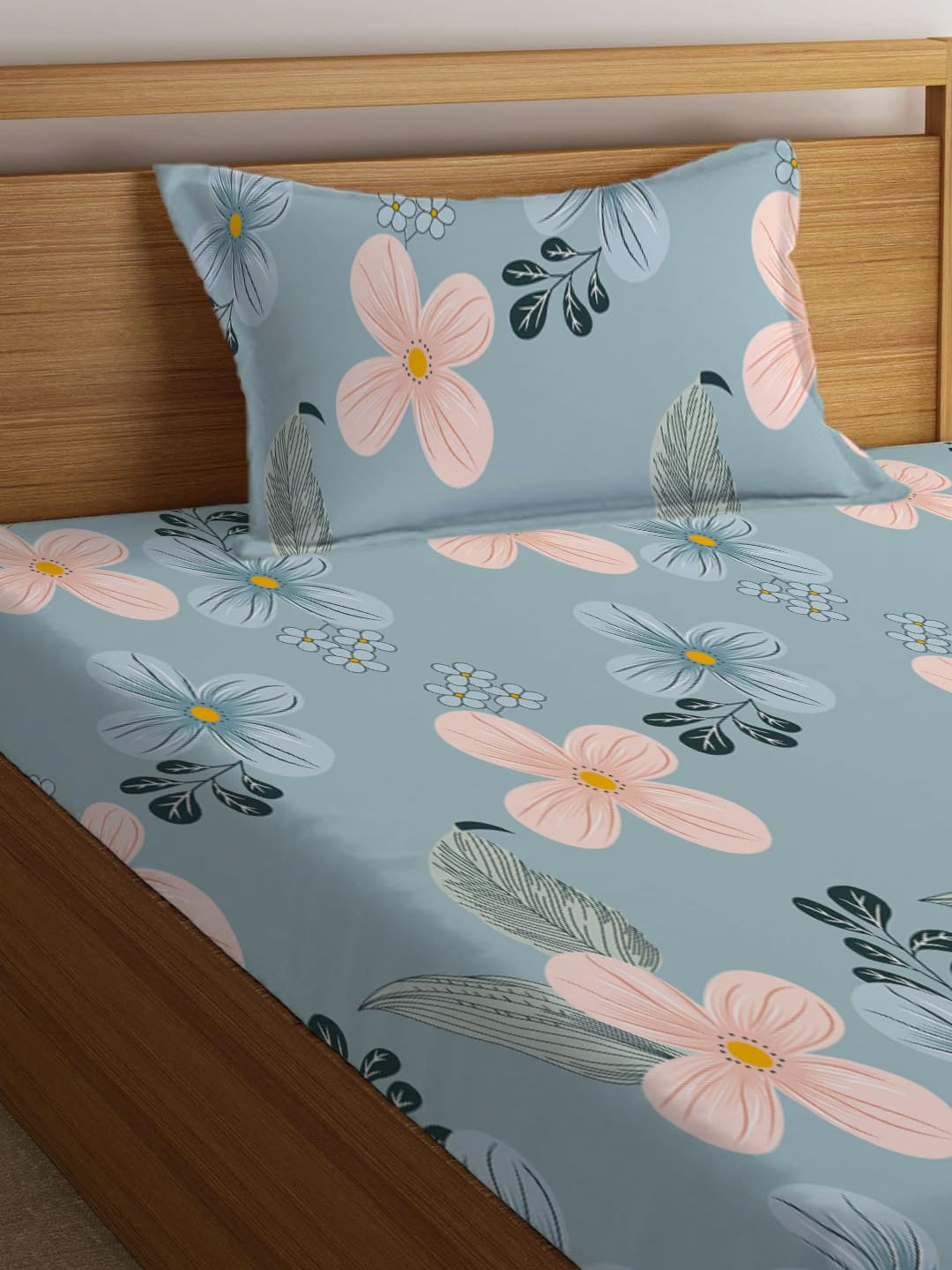 Jaipuri Single Bedsheet With 1 Pillow Cover - 42 X 75 X 8 Inches, Grey | Super Soft Premium Brushed Glace Cotton | Breathable & Wrinkle-Free | Elastic Fitted Bedsheet