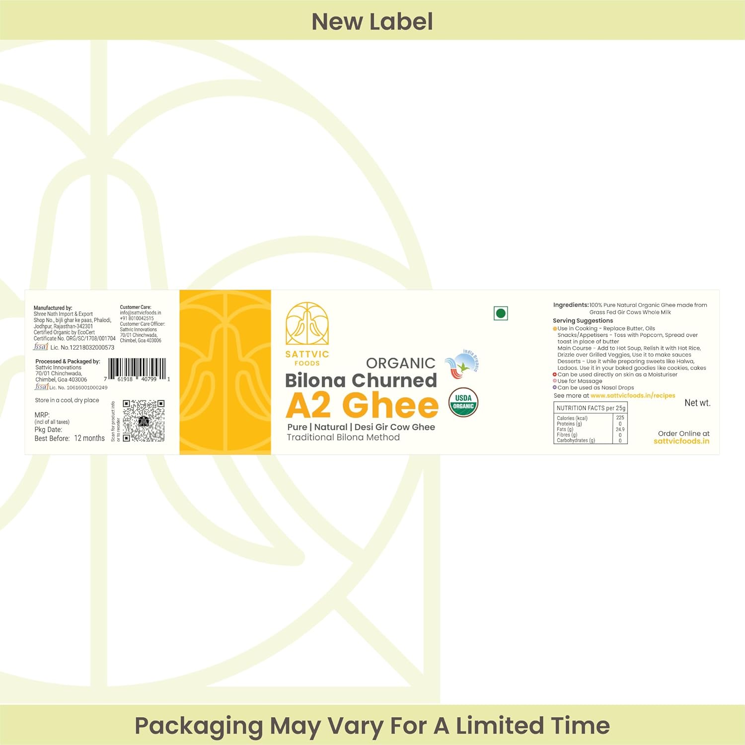 100% Natural A2 Bilona Churned Cow Ghee By Sattvic Foods | Traditional Bilona Method, Grass Fed Cows Homemade Ghee Good For Sweets | (450ml) 15.2 Ounce | Jar Pack