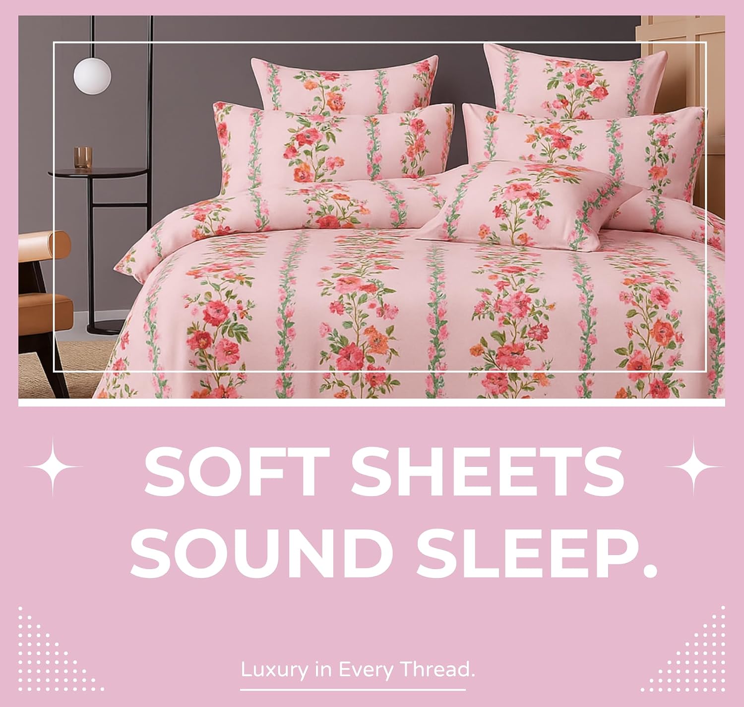 Cotton Double Bedsheets King Size With 2 Pillow Covers | Size 78 X 72+10 Inches, Light Pink-All Around Elastic Fitted Design Bedsheet