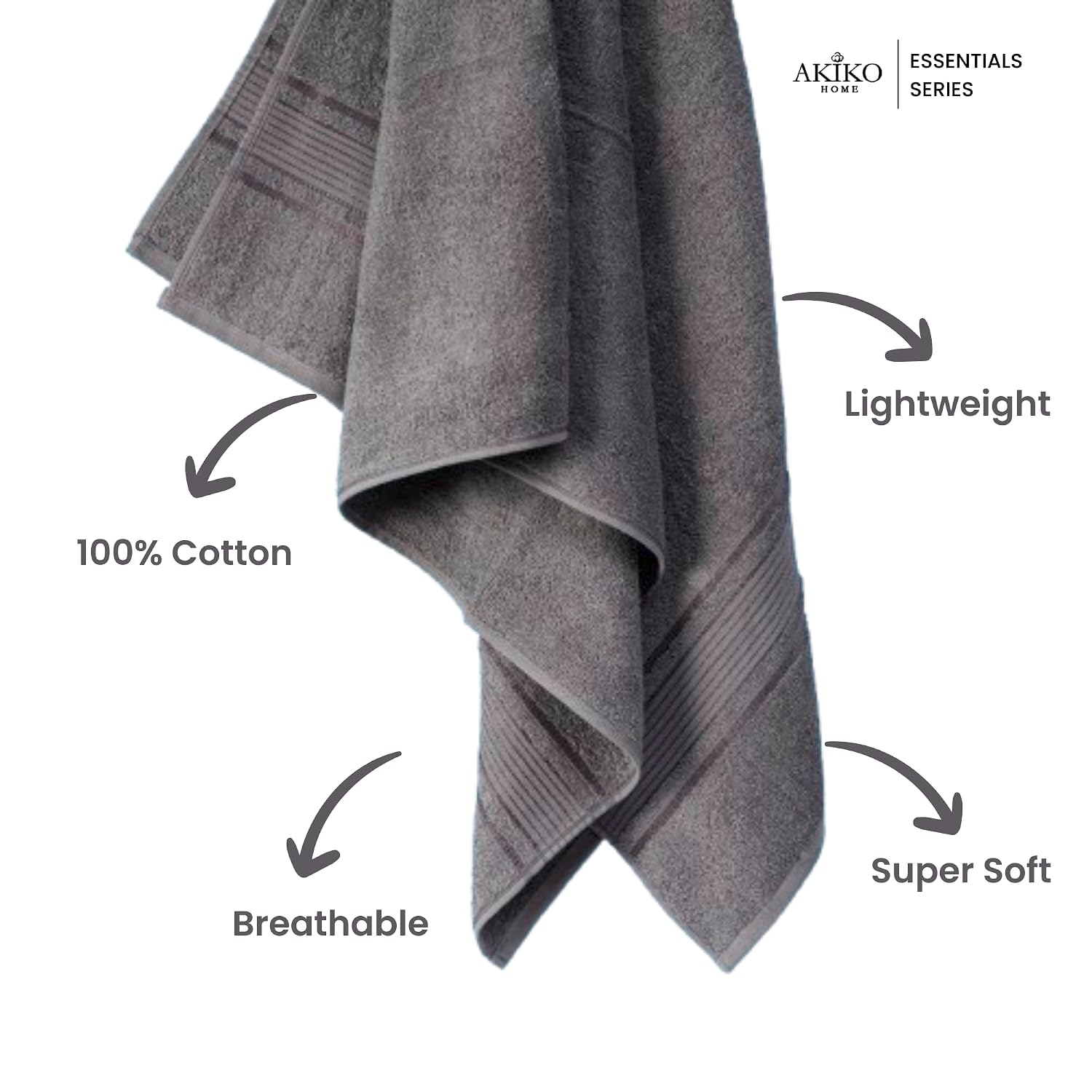 Akiko Home 100% Cotton Essential Series Bath Towel 400 Gsm | Soft, Absorbent, Quick Dry & Durable, Large Size Towel (Grey)