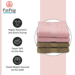 Patpug 100% Indian Ultra Soft Cotton Hand Towel 500 Gsm | For Gym, Workout, Yoga, Wash Basin (Sepia Brown & Baby Pink) -4 Piece