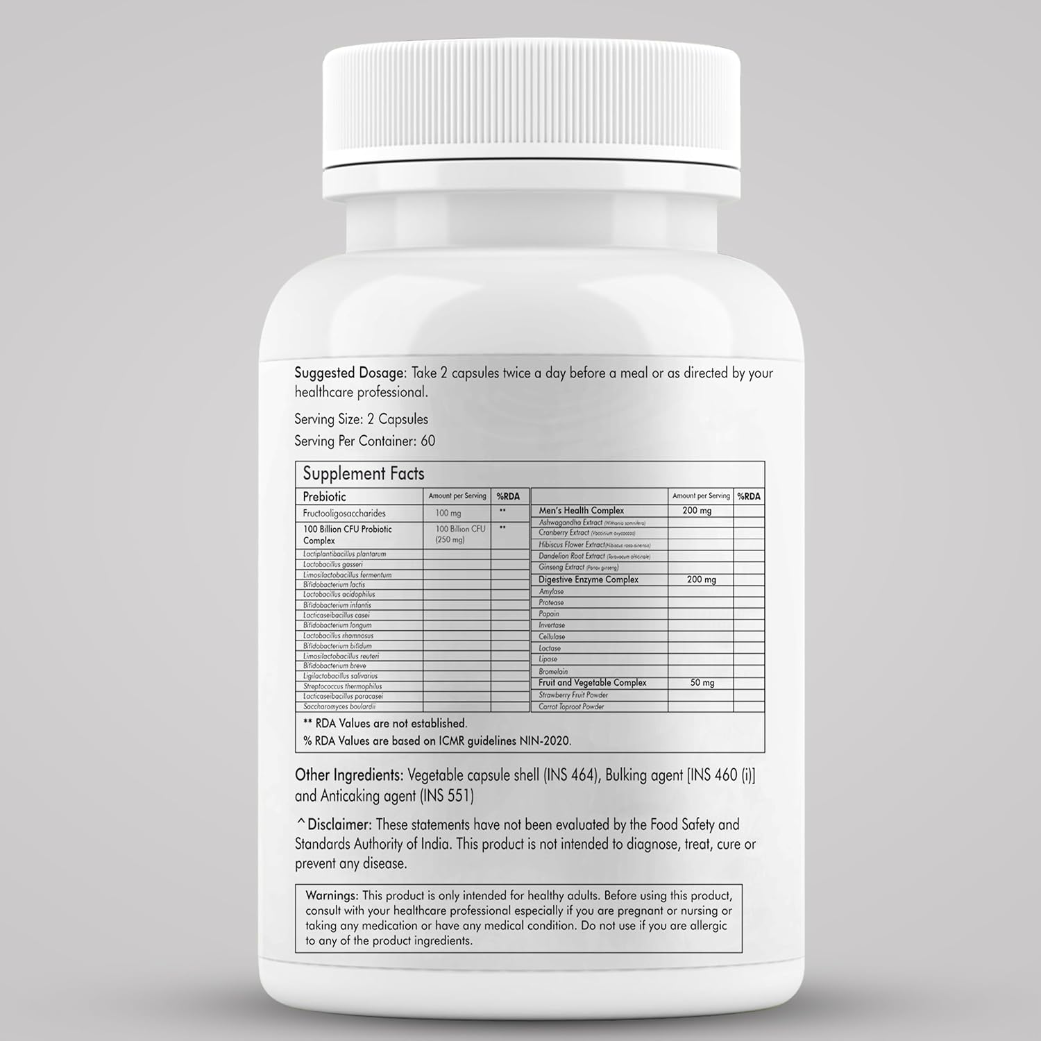 ?Meibotan Best Men's 100 Billion Probiotics With Digestive Enzymes & Herbal Extract For Immunity Support Increases Muscle & Strength, Weight Management | 60 Veg Capsules, 100gm 0.2lbs