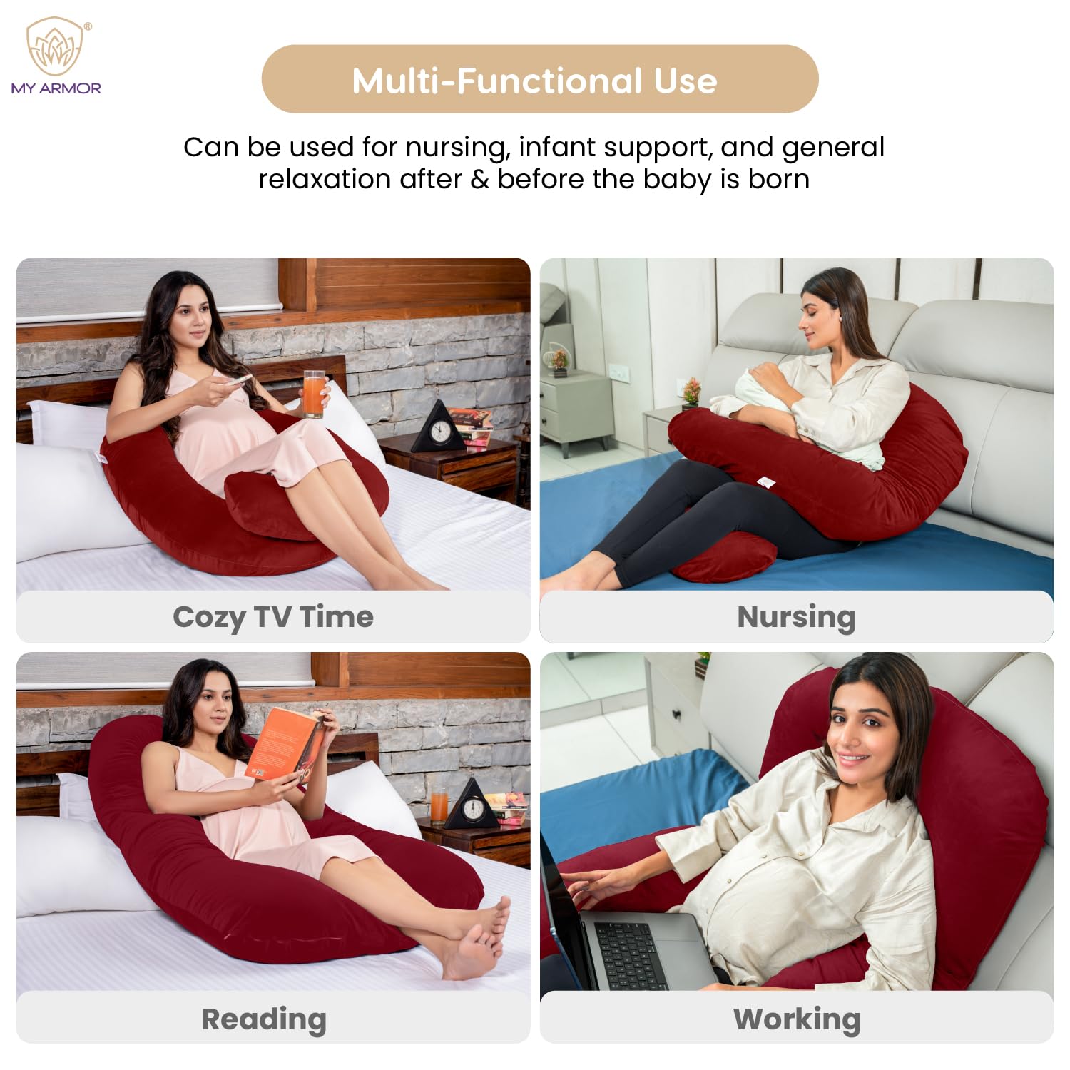 Full Body U Shape Pregnancy Pillow For Women, Maternity Pillow, Maroon Color | Pillow Gift For Pregnancy Sleeping, Premium Velvet Cover With Zip | Adjustable & Washable, Relieves Pain