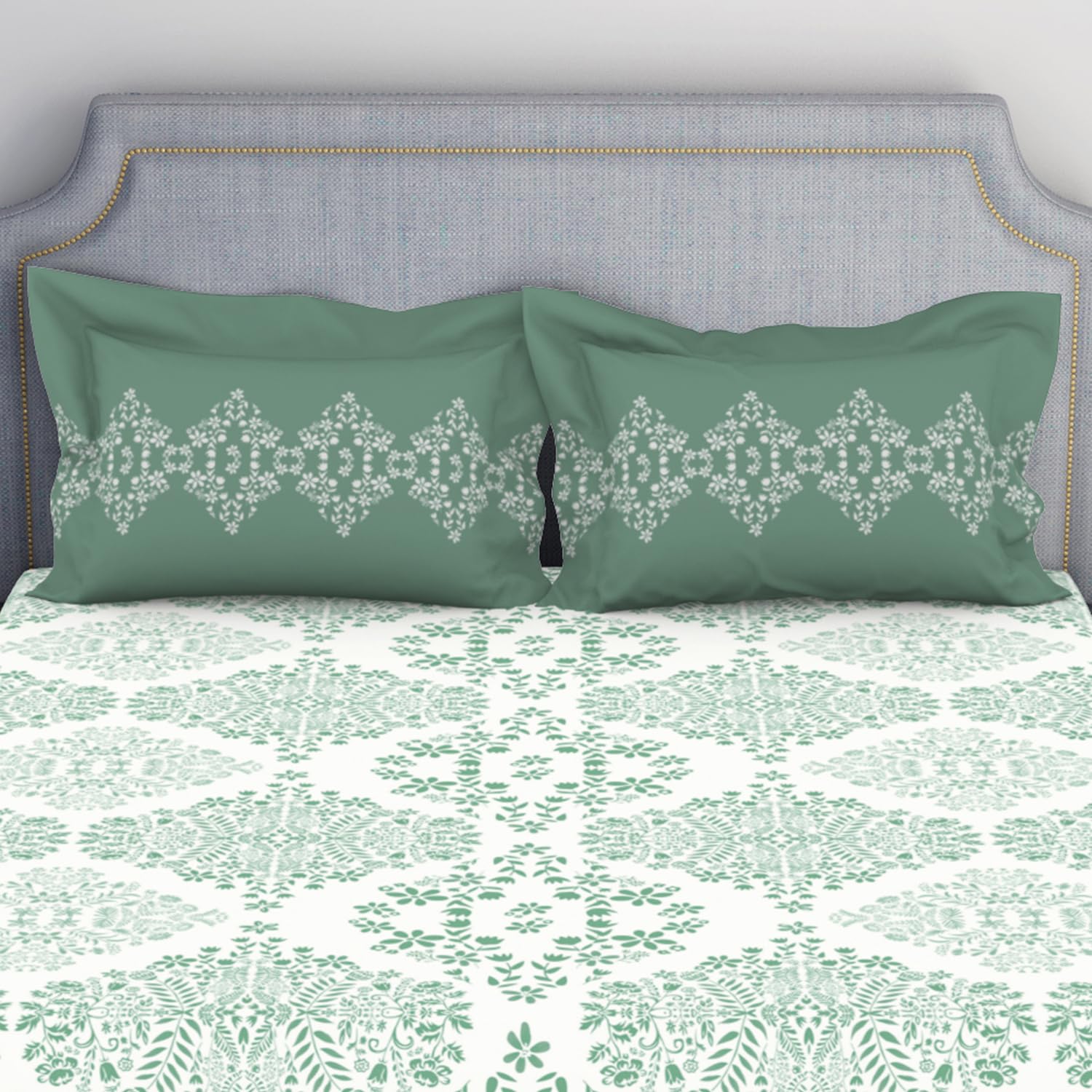 100% Cotton Bedsheet For Double Bed With 2 Pillow Cover - 88 X 100 Inches, Green & White | Breathable & Super Soft | All Seasons & Easy To Wash