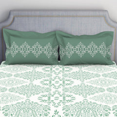 100% Cotton Bedsheet For Double Bed With 2 Pillow Cover - 88 X 100 Inches, Green & White | Breathable & Super Soft | All Seasons & Easy To Wash
