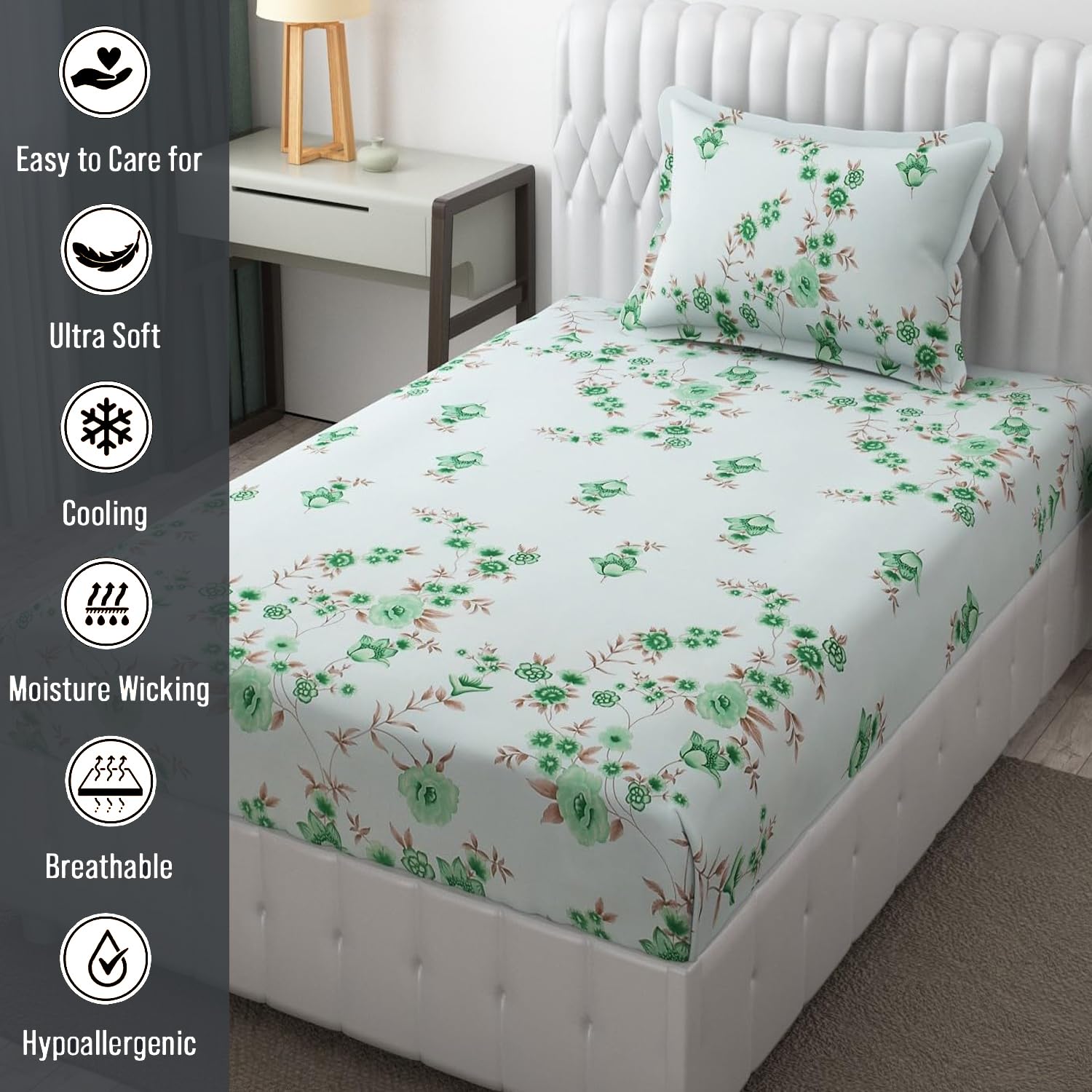 Microfiber Single Bedsheet Set With 1 Pillow Covers (60 X 90 Inches) Green & Brown | Durable & Long-Lasting | 144 Thread Count | Wrinkle Free