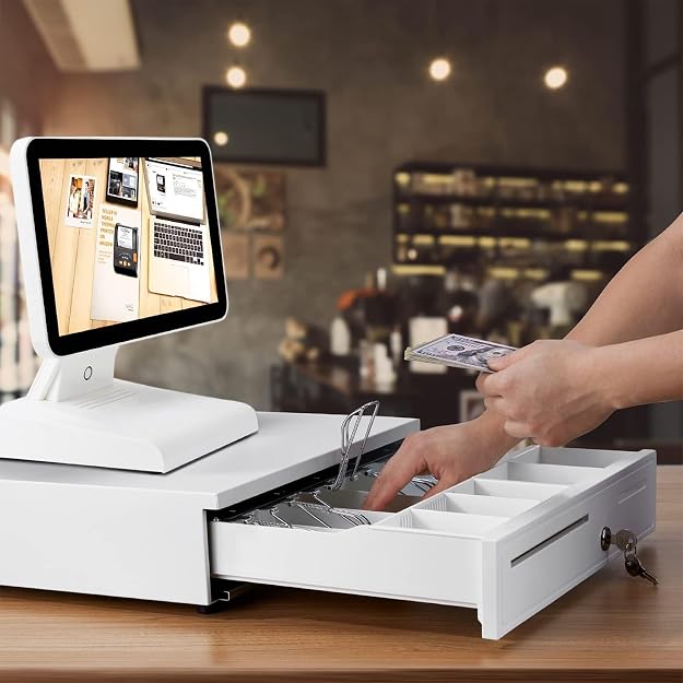 Electronic & Manual Metal Cash Drawer For Point Of Sale (Pos) System With Coin Tray, Colour - White, Material - Alloy Steel