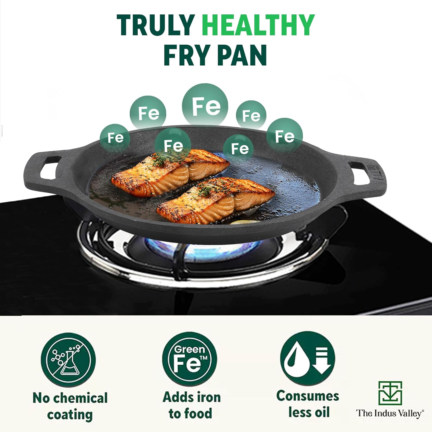 Pre-Seasoned Black Cast Iron Fish Fry Pan With Double Handle - Medium 25 Cm, 9.8 Inch, 2 Kg | Induction Friendly, Nonstick Fish Fry Pan, 100% Pure & Toxin Free, No Chemical Coating