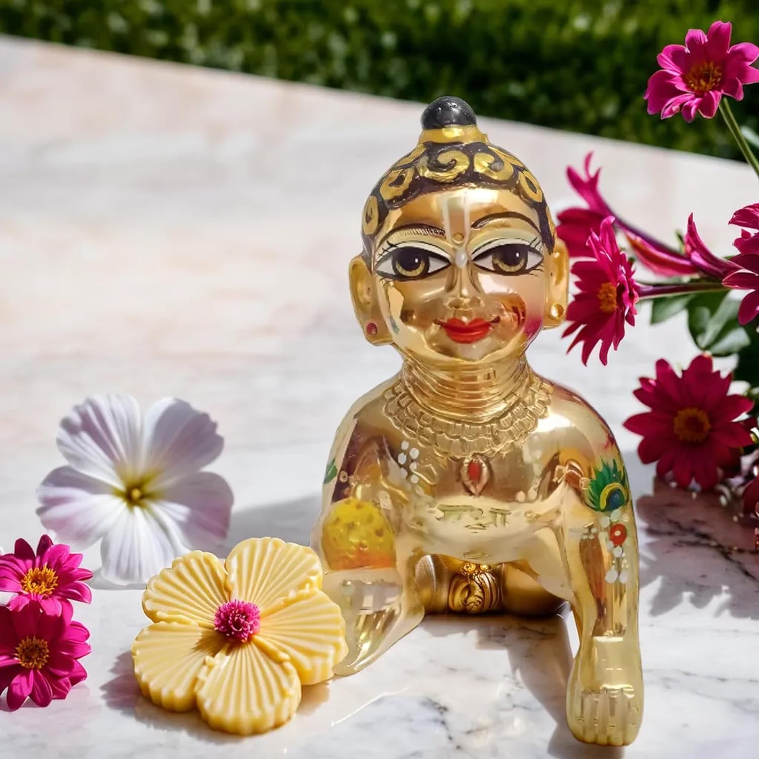 Beautiful Brass Hand Painted Laddu Gopal Ji, Metal, Idol - Size No.7, Made In Vrindavan, Baby Krishna, Kanhaiya, Gold Color, Lord Krishna Idol