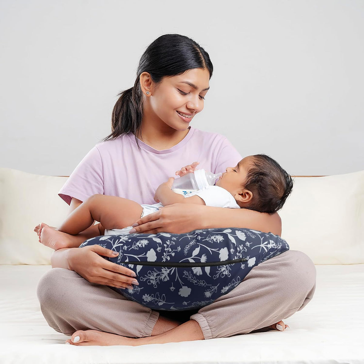 Feeding Pillow For New Born Baby, 5 In 1 Multipurpose Nursing Pillow - Blue | Pillow For Breastfeeding With Cotton Removable Cover | Stay-Put Support For Every Position, Multi-Use