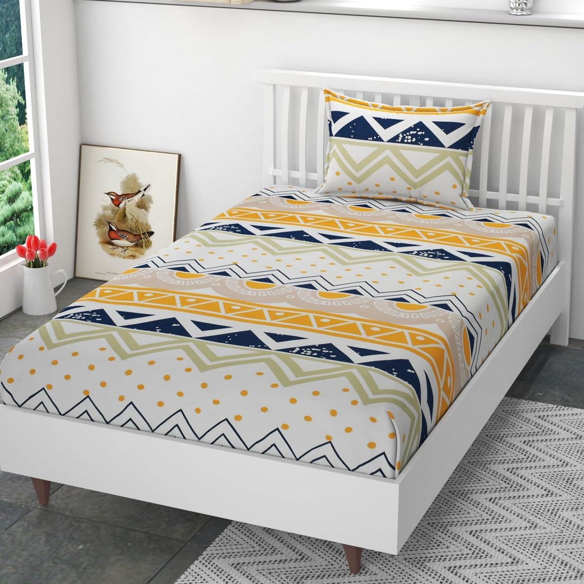 Cotton Printed 1 Single Bedsheet With 1 Large Size Pillow Covers - 60 X 90 Inches, Multicolor | 240 Thread Count - Light Weight, Suitable For All Seasons & Easy To Wash