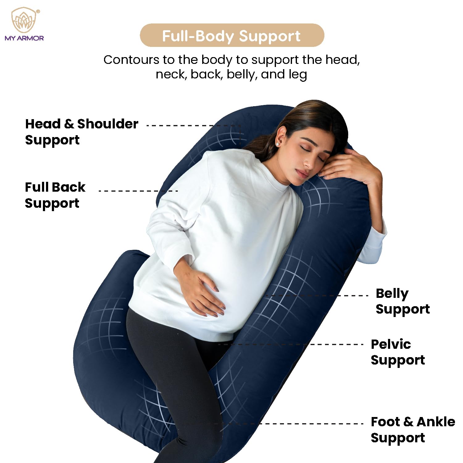 Full Body C Shape Pregnancy Pillow For Women, Maternity Pillow, Grey & Navy Blue | Pillow Gift For Pregnancy Sleeping, Premium Velvet Cover With Zip | Adjustable, Relieves Pain, Multipurpose
