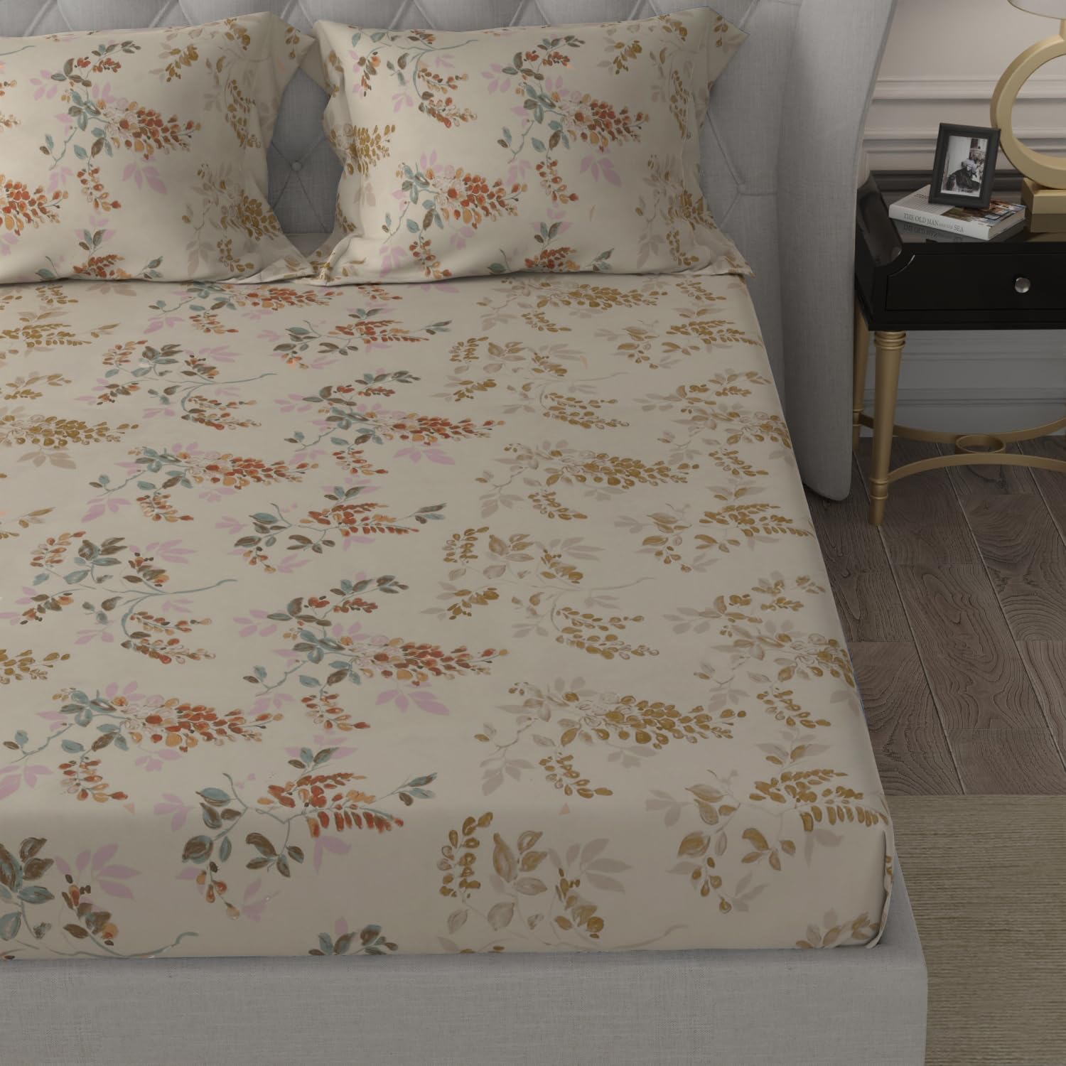 Cotton Elastic Fitted Double Bedsheet For King Size With 2 Pillow Covers - 78 X 72 + 8 Inches, Beige | Soft Wrinkle Free & Breathable Elastic Bedsheets For King Size Bed