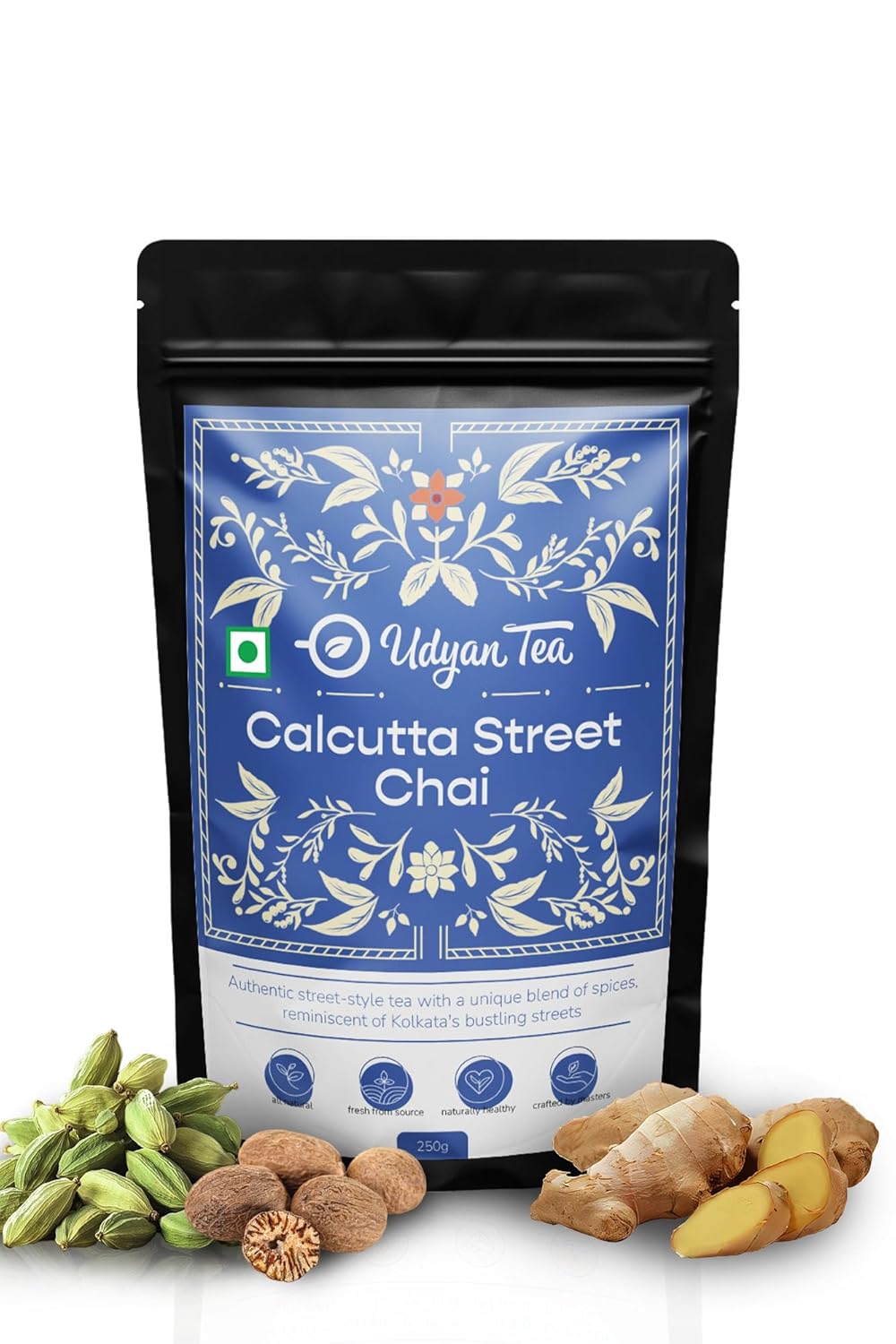 Udyan Tea Calcutta Street Chai - 250gm, 8.8 Ounce | Made With Ginger, Cardamom, Nutmeg - Helps In Digestion & Reduces Stress | Preservative-Free, No Added Sugar, High Caffeine