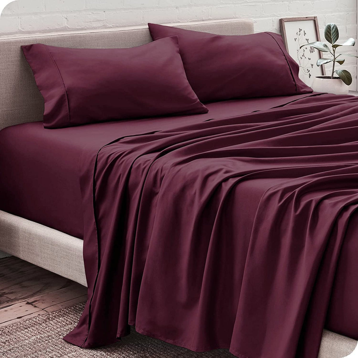 Single Size Bedsheet With 2 Matching Pillow Cover - 60 X 90 Inches, Wine | Natural Breathable & Wrinkle Free | 400 Thread Count