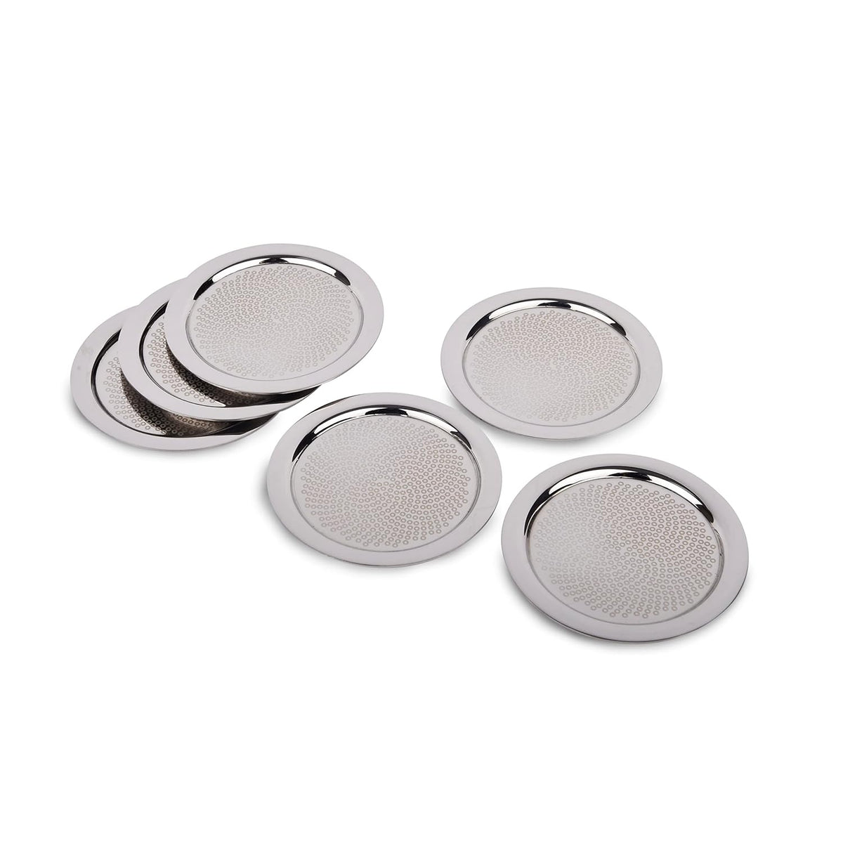 Stainless Steel Designer Round Coaster Pack Of 6 - Polka Series | Drink Glass Holder For Home, Counters Kitchen - Serve Ware, Dinnerware & Tableware