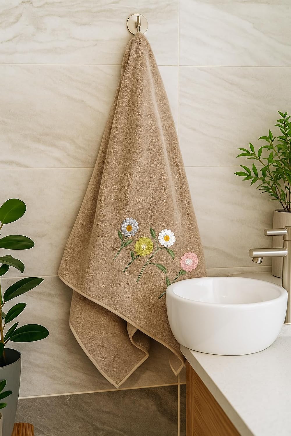 Divyam Floral Embroidered Bath Towel 350 Gsm | Premium Soft Microfiber Quick-Dry, Lightweight & Absorbent Towel With Pastel Daisy Design (Light-Taupe)