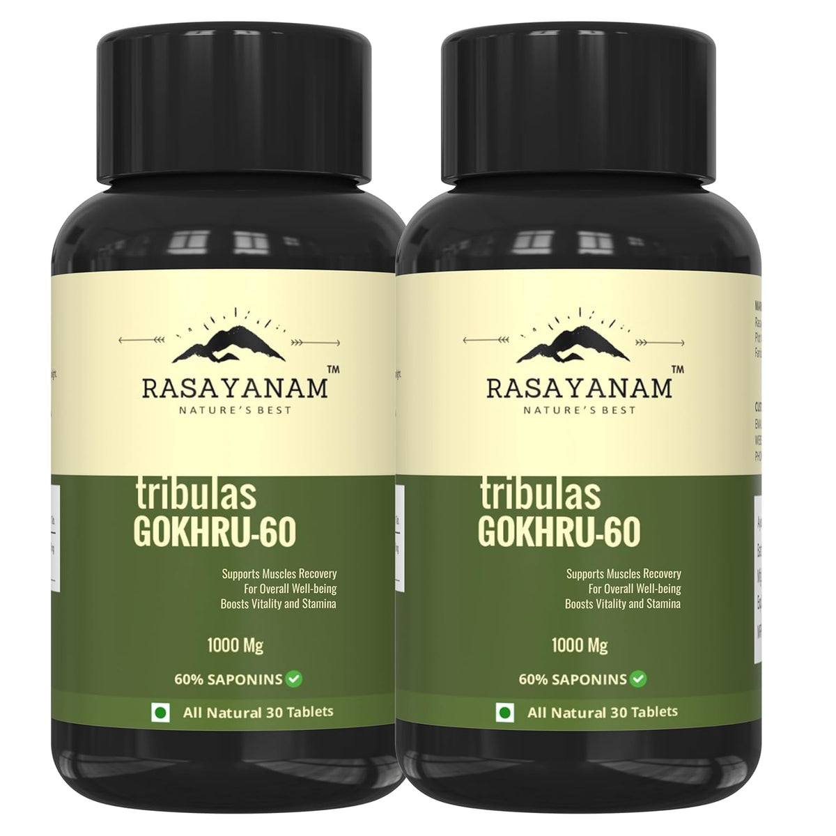 Rasayanam Tribulas Gokhru Gokshura Tablets 1000mg Ultra High Concentrated 60% Saponins, Improves Vigour, For Both Men & Women | 60 Tablets 100gm 0.2lbs Each Pack Of 2