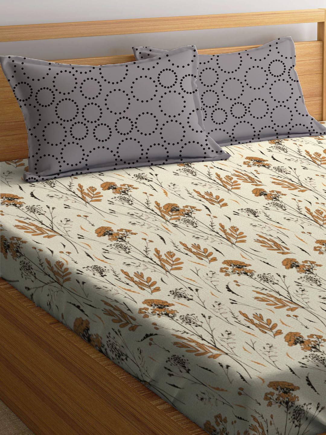 Super King Size Bedsheet For Double Bed With 2 Pillow Cover - 108 X 108 Inches, Beige & Grey | Handcrafted Using Traditional Techniques | Perfect For Gifting Anniversaries, Birthdays